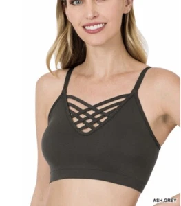 Zenana Front V-Lattice Bralette Wire Free Removable Bra Pads Size L/XL Ash Grey - Picture 1 of 1