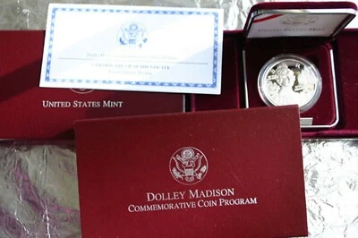 1999 P Proof Dolley Madison US Mint 90% Silver One Dollar $1 Coin Box + COA - Image 1 of 4