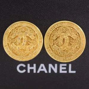 CHANEL Used CC Logos Circle Round Earrings 94A Clip-On Gold Vintage #CO232 S - Bild 1 von 13