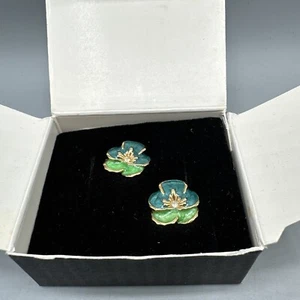 Boucles d'oreilles clous vintage Avon vert bleu sarcelle émail fleur pensée - Photo 1/3