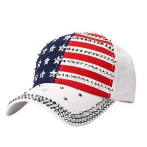 Gorra de béisbol ajustable blanca con tachuelas de estrás bandera estadounidense de Estados Unidos - Imagen 1 de 8