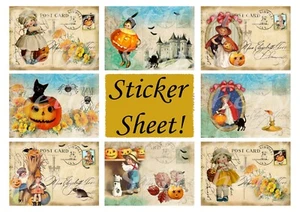 Vintage Halloween Postcard Collage Ephemera STICKERS - Just Cut & Use! - Picture 1 of 1