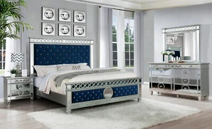 NEW Modern 4PC Blue Velvet Mirrored Queen King Bedroom Set Furniture Bed/D/M/N - Picture 1 of 5