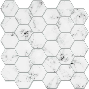 10.5 in x 10.5 in Carrara Marble Hexagon Peel and Stick Backsplash - Picture 1 of 7