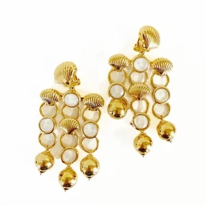 Lele Sadoughi Shell Chandelier Gold Clip On Dangle White Stone Earrings - Picture 1 of 3