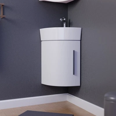 White Corner Bathroom Cabinet Sink Wall Mount With Faucet Drain and Overflow - Image 1 of 4