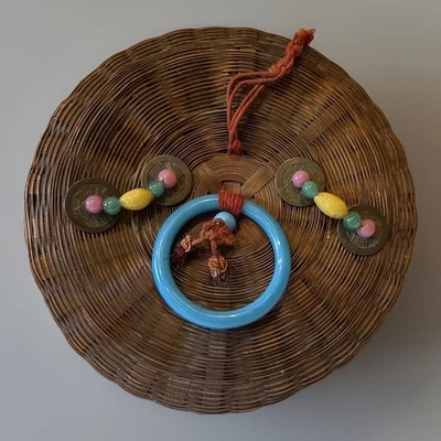 Antique Chinese Sewing Basket Peaking Glass Beads Bangles Coins and Tassels 7 In - Image 1 of 4