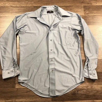 Vintage 70s Van Q By Van Heusen Disco Shirt Mens M L Blue Dagger Collar Clubwear - Image 1 of 4