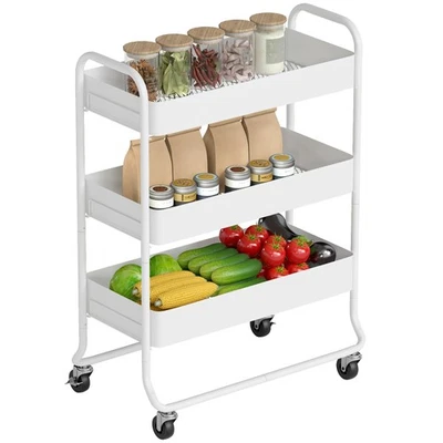 HOMCOM 3-Tier Storage Trolley, Storage Cart with Mesh Backets, Wheels, White - Image 1 of 4