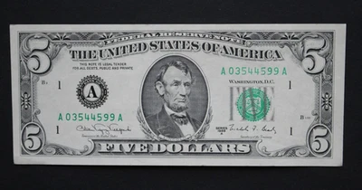 1988 A $5 Boston Federal Reserve Note/F-1980A/uncirculated/FREE SHIPPING! - Image 1 of 4
