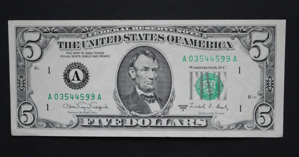 1988 A $5 Boston Federal Reserve Note/F-1980A/uncirculated/FREE SHIPPING! - Image 1 of 4