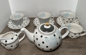 Grace Teaware Black Stripes and Dots Fine Porcelain 9-Piece Tea Set - Picture 1 of 9