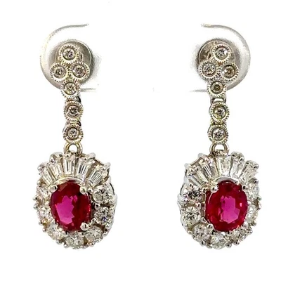 GIA Certified Oval Vivid Red Ruby and Diamond 18K White Gold Dangle Earrings - Image 1 of 4