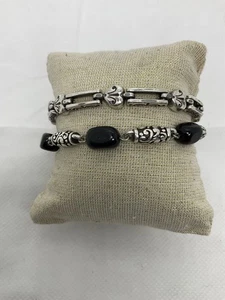 Brighton Lot of 2 Black Beaded & Heart Link Bracelets - Picture 1 of 4