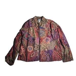 Vtg Y2K Chico's Burgundy Olive Green Silk Blend Patchwork Open Front Jacket 2 L - Picture 1 of 3