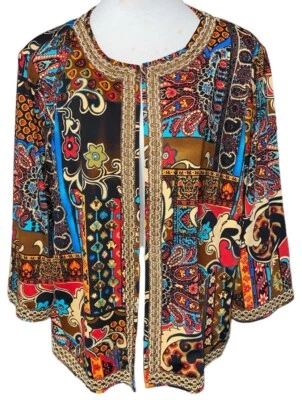 Chaqueta Abierta Joan Rivers De Colección Para Mujer 1X Blazer Recortado Estampado Retazos Marrón Boho Foto 1 de 4