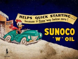 DONALD DUCK IN CAR SUNOCO W MOTOR OIL HEAVY DUTY USA MADE METAL ADVERTISING SIGN - Picture 1 of 1