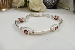 Very Pretty Classy Vintage Sterling Silver Red Garnet Tennis Bracelet 925 - Picture 1 of 8