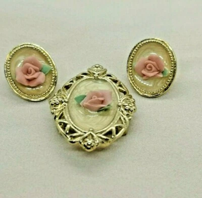 Vtg Victorian Pendant brooch pin earring Creamy Enamel Porcelain Rose Gold Tone - Image 1 of 4