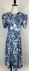 Vestido midi vintage años 80 90 manga abullonada S estampado floral tropical jersey cintura caída - Imagen 1 de 17