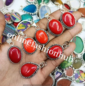 Gifted Coral Gemstone 925 Sterling Silver Plated Designer Pendants Lot 10pcs - Picture 1 of 6