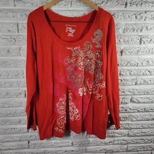 Just My Size Womens Top 2X 18W 20W Tee Long Sleeve Red Floral Paisley Glitter - Picture 1 of 9