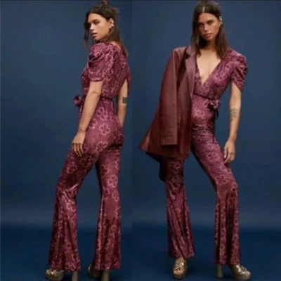 NEW FREE PEOPLE $198 MULBERRY FLORAL ROSALINE VELVET JUMPSUIT SZ XS EXTRA SMALL - Image 1 of 4