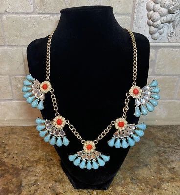 VTG Necklace 20" Bib Collar Southwestern Style Chain Metal Faux Turquoise Coral - Image 1 of 4