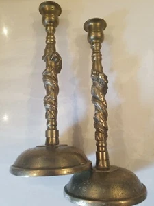 VTG 1920s CHINESE ARTIST SIGNED SCULPTED CLIMBING DRAGON 10" BRASS CANDLESTICKS - Picture 1 of 11