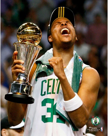 Paul Pierce Boston Celtics Unsigned 2008 NBA Finals MVP Trophy Celebrate Photo Cover