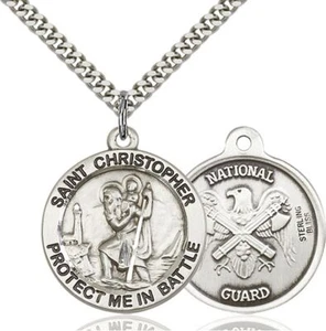 Sterling Silver St Christopher National Guard Medal Pendant Necklace 24" Chain - Picture 1 of 4