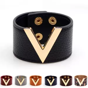 Simple V Word Wide Snap Bangle PU Leather Big Bracelets Statement Jewelry - Picture 1 of 22