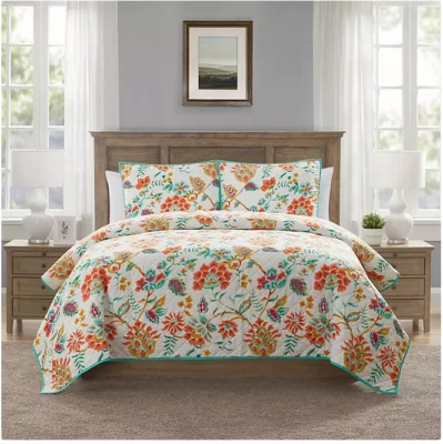 Member's Mark 3-Piece Printed Reversible Quilt Set Size King Aqua/White NWT - Image 1 of 4