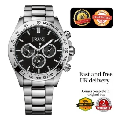 NEW HUGO BOSS 1512965 MEN'S STAINLESS STEEL SILVER STRAP & BLACK DIAL 44MM - Image 1 of 4