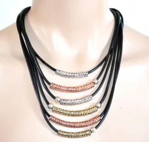 Collana donna girocollo collier nero multi fili ciondoli argento oro rosa U725 - Foto 1 di 3