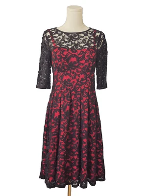 Vestido de cóctel formal para mujer Adrianna Papell talla 4 rojo negro encaje manga 3/4 Foto 1 de 4