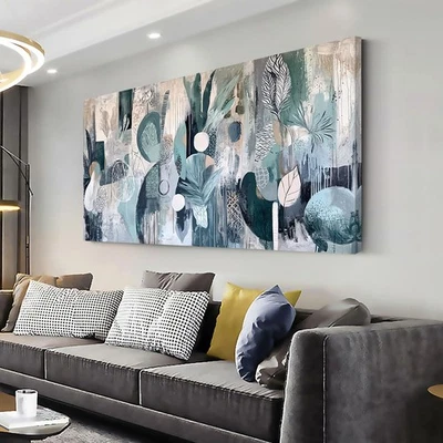 Arte abstracto de pared de jardín de plantas para sala de estar oficina pintura en lienzo verde azulado... Foto 1 de 4