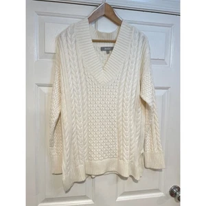 Marled Cotton Ivory Cable Knit V Neck Tunic Sweater Women's L Long Relaxed Warm - Picture 1 of 5