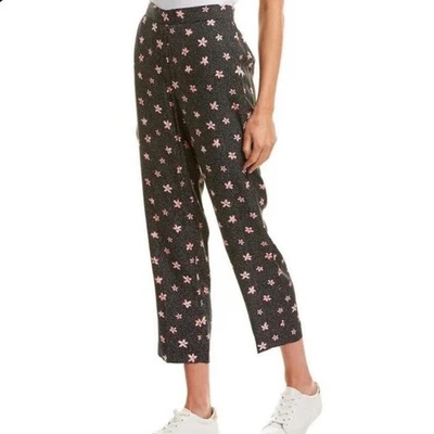 Rebecca Taylor Maui Fleur Floral Pant Black Pink Print Silk Blend Sz 8 Designer - Image 1 of 4