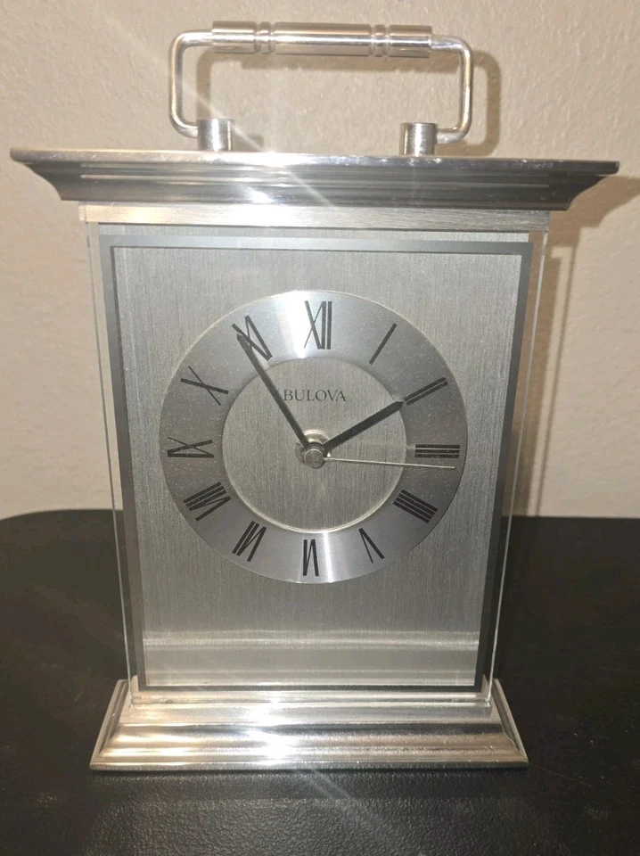 Bulova Newport Carriage Metal Silver Tone Roman Numerals Clock B7472 Battery - Image 1 of 4