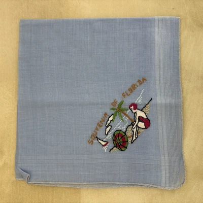 Vintage Florida Hankie Hankerchief Souvenir Embroidered Beach Swim Palm Blue - Image 1 of 4