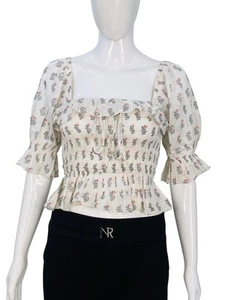 Blusa túnica Doen para mujer estampada floral con volantes blanca de algodón ajustada XS - Imagen 1 de 15