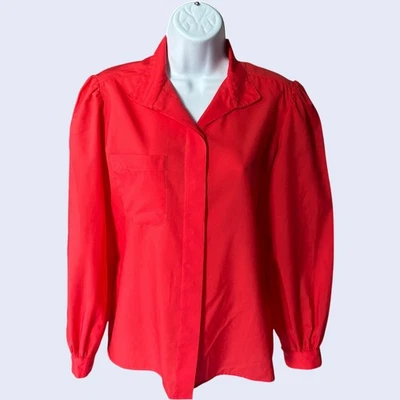 Lady Manhattan Puff Sleeve Red Blouse, Notched Collar, Hidden Placket, Sz 10 80s - Imagem 1 de 4