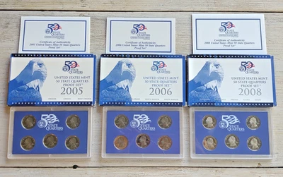 2005 S 2006 S 2008 S United States Mint 50 STATE QUARTERS PROOF SETS Set COINS - Image 1 of 4