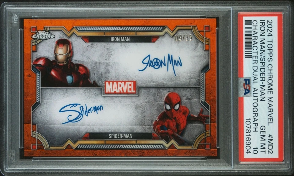 2024 Marvel Topps Chrome IRON MAN / SPIDERMAN ORANGE REF AUTO - PSA 10 - 9/25 - Image 1 of 1