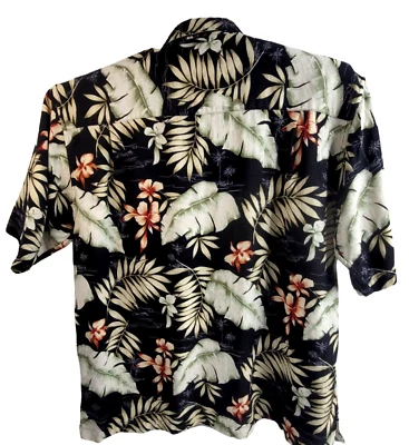 Alpine Design Mens Tropical Hawaiian Button-front Shirt LG Black Print 100% Silk - Image 1 of 4