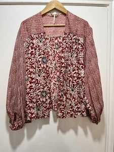 Free People Cardigan Top Large Tie Front Boho Red Pink Floral Kimono Lightweight - Picture 1 of 6