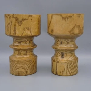 2 Candelabros Pilar Madera Necana Vintage Girados a Mano Rústicos Gruesos Firmados 6.5" - Imagen 1 de 14