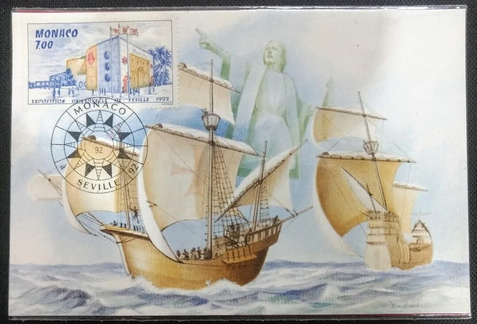 154. MONACO 1992 STAMP  CANCELLATION CARD SEVILLE WORLD FAIR 1992, SHIPS, FLAGS. - Image 1 of 1