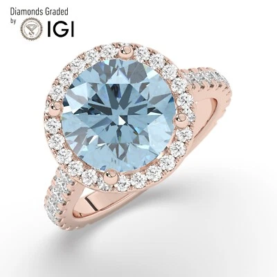 Anillo de compromiso solitario redondo de oro rosa de 14 quilates azul vivo, 5,15 quilates, IGI cultivado en laboratorio Foto 1 de 4